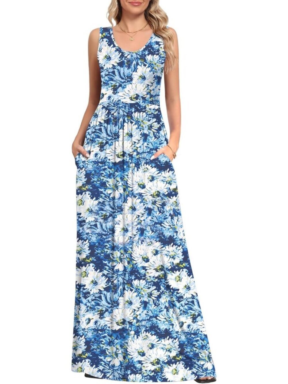 Women's Blue White Chrysanthemum Sleeveless Stylish Beach Vacation Maxi Dress - Picture 4 of 5